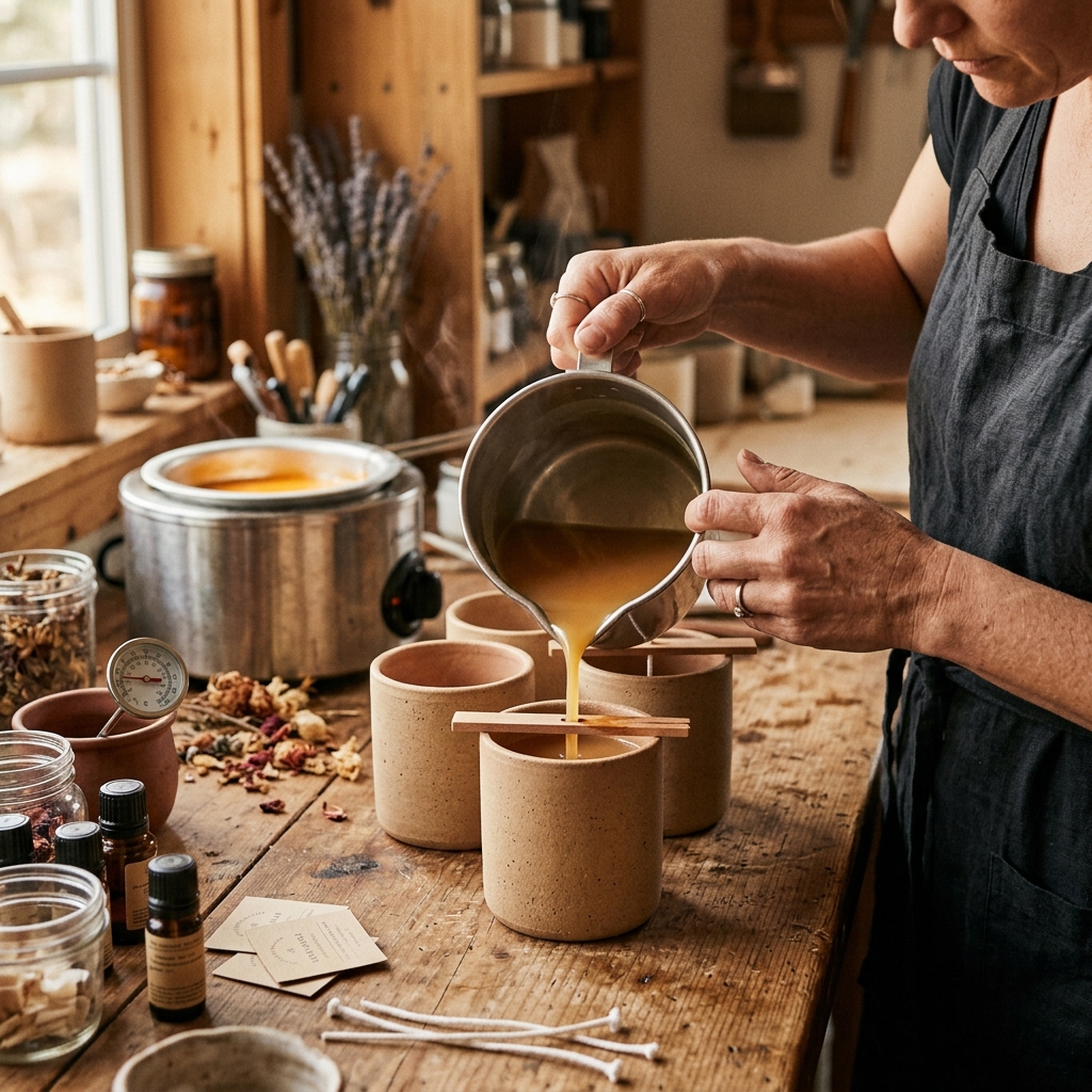 Wax being hand-poured into ceramic vessels in the Ember & Oak workshop